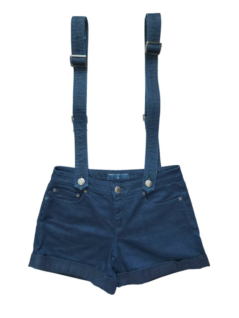 Marc By Marc Jacobs Women’s Dark Carbon Wash Blue Denim Suspender Shorts Size 2